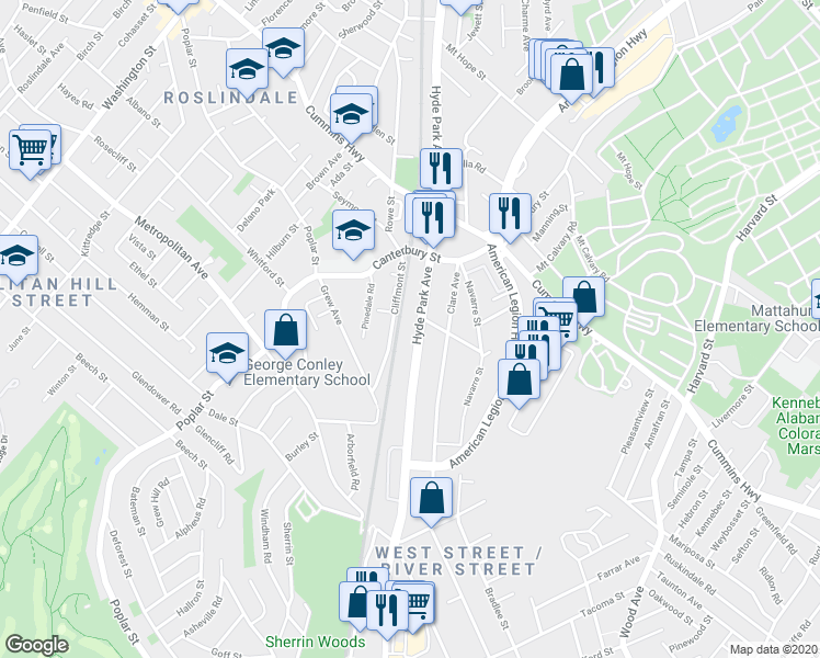 map of restaurants, bars, coffee shops, grocery stores, and more near 710 Hyde Park Avenue in Boston