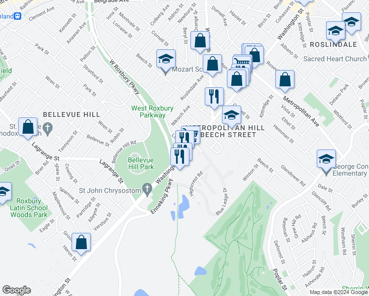 map of restaurants, bars, coffee shops, grocery stores, and more near 4592 Washington Street in Boston