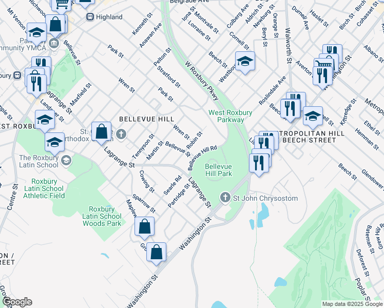 map of restaurants, bars, coffee shops, grocery stores, and more near 89 Bellevue Hill Road in Boston