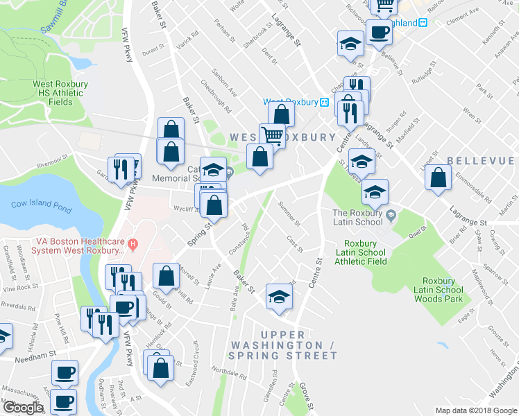 map of restaurants, bars, coffee shops, grocery stores, and more near 75 Powell Street in Boston