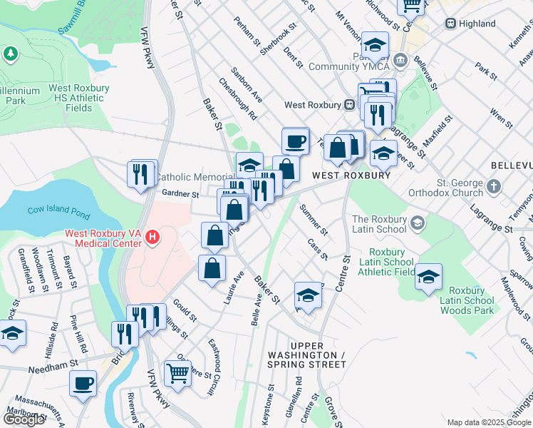 map of restaurants, bars, coffee shops, grocery stores, and more near 17 Cass Street in Boston