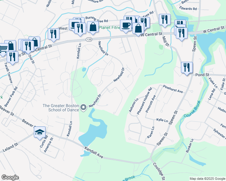map of restaurants, bars, coffee shops, grocery stores, and more near 1 Walden Drive in Natick
