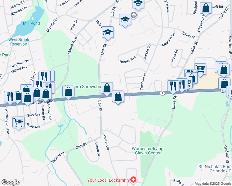 map of restaurants, bars, coffee shops, grocery stores, and more near 389-419 Boston Worcester Turnpike in Shrewsbury
