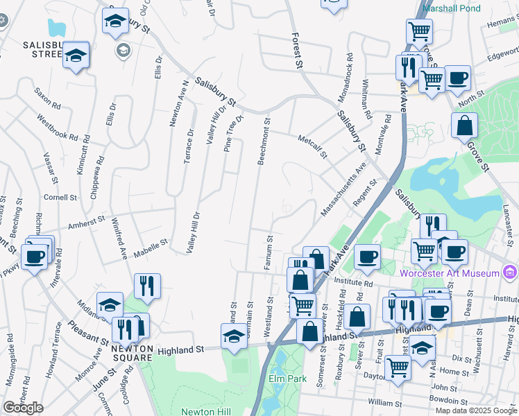 map of restaurants, bars, coffee shops, grocery stores, and more near 33 Farnum Street in Worcester