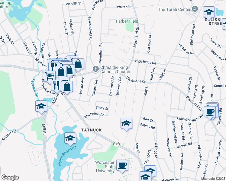 map of restaurants, bars, coffee shops, grocery stores, and more near 59 Brantwood Road in Worcester