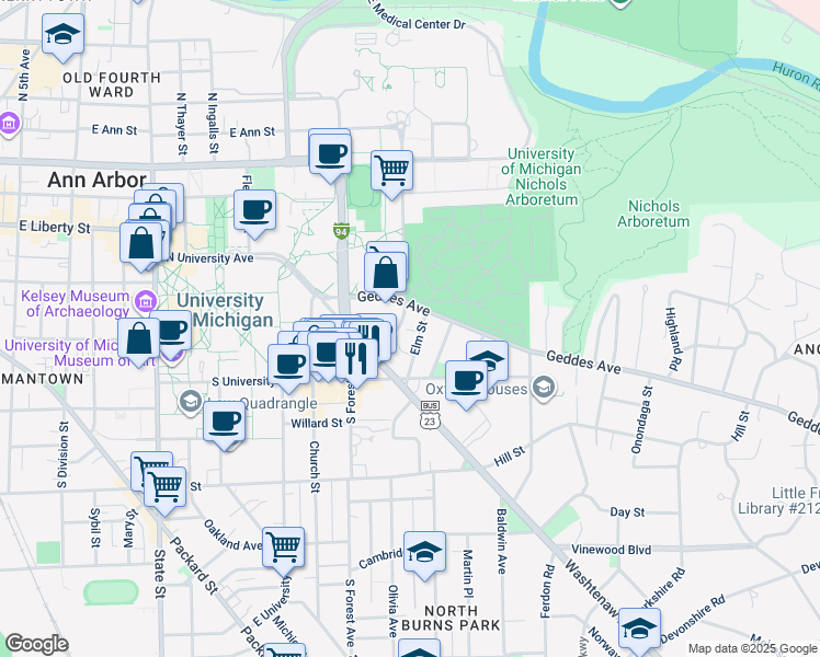 map of restaurants, bars, coffee shops, grocery stores, and more near 510 Mack Road in Ann Arbor