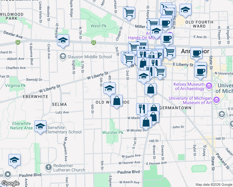 map of restaurants, bars, coffee shops, grocery stores, and more near 500 West Jefferson Street in Ann Arbor