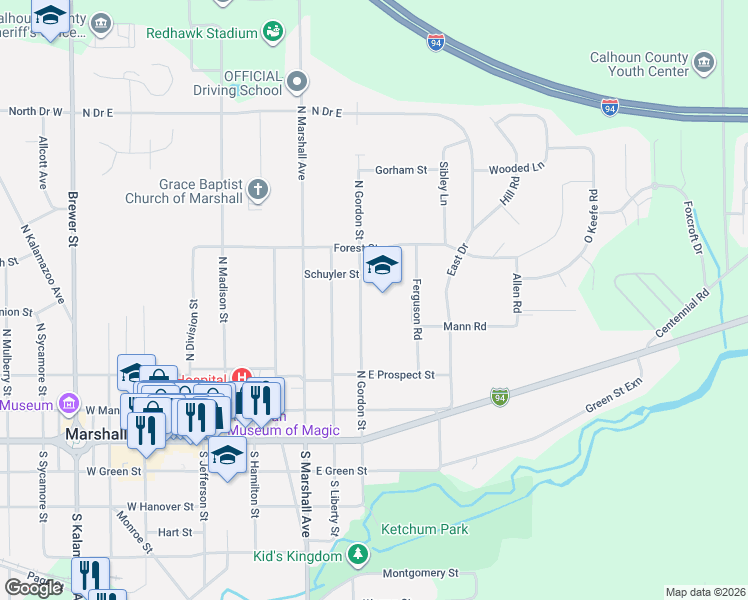 map of restaurants, bars, coffee shops, grocery stores, and more near 330 North Gordon Street in Marshall