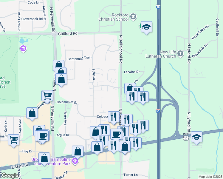 map of restaurants, bars, coffee shops, grocery stores, and more near 758 North Bell School Road in Rockford
