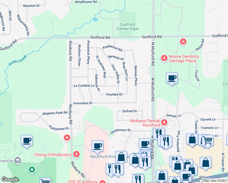 map of restaurants, bars, coffee shops, grocery stores, and more near 5765 Hoylake Drive in Rockford