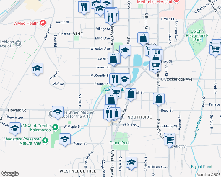 map of restaurants, bars, coffee shops, grocery stores, and more near 530 West Crosstown Parkway in Kalamazoo