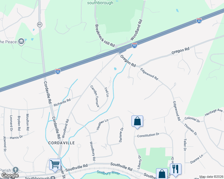 map of restaurants, bars, coffee shops, grocery stores, and more near 14 Ted Lane in Southborough