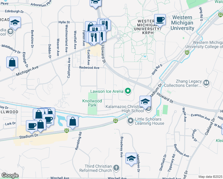 map of restaurants, bars, coffee shops, grocery stores, and more near 1439 Knollwood Avenue in Kalamazoo