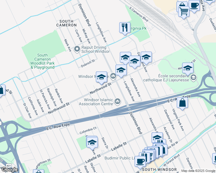 map of restaurants, bars, coffee shops, grocery stores, and more near 2405 McKay Avenue in Windsor