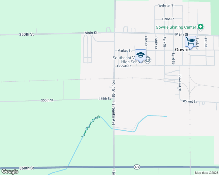 map of restaurants, bars, coffee shops, grocery stores, and more near 355th Street in Gowrie