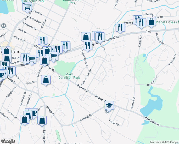 map of restaurants, bars, coffee shops, grocery stores, and more near 39 Beaver Park Road in Framingham