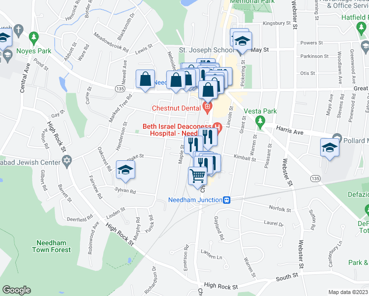 map of restaurants, bars, coffee shops, grocery stores, and more near 106 Maple Street in Needham