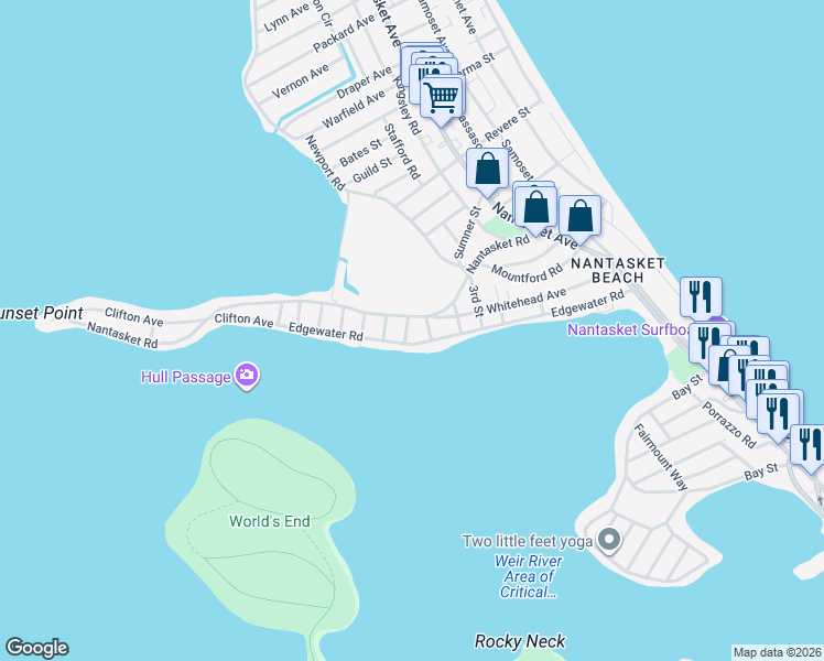 map of restaurants, bars, coffee shops, grocery stores, and more near 99 Edgewater Road in Hull