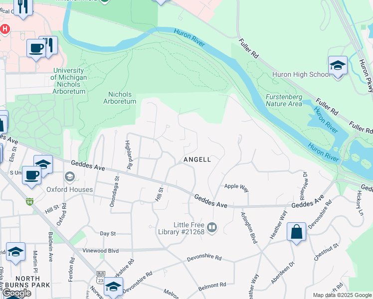map of restaurants, bars, coffee shops, grocery stores, and more near 341 Evergreen Place in Ann Arbor