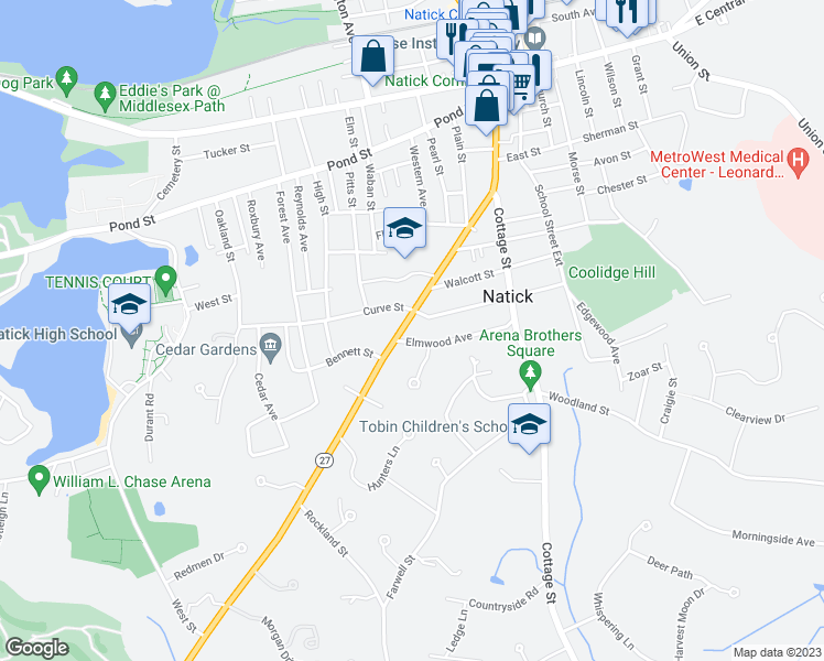 map of restaurants, bars, coffee shops, grocery stores, and more near 118 South Main Street in Natick