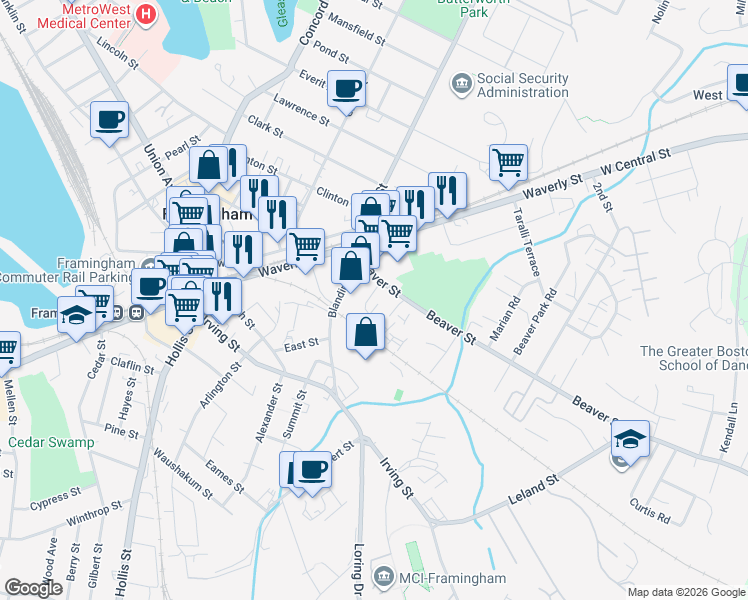 map of restaurants, bars, coffee shops, grocery stores, and more near 18 Beaver Court in Framingham