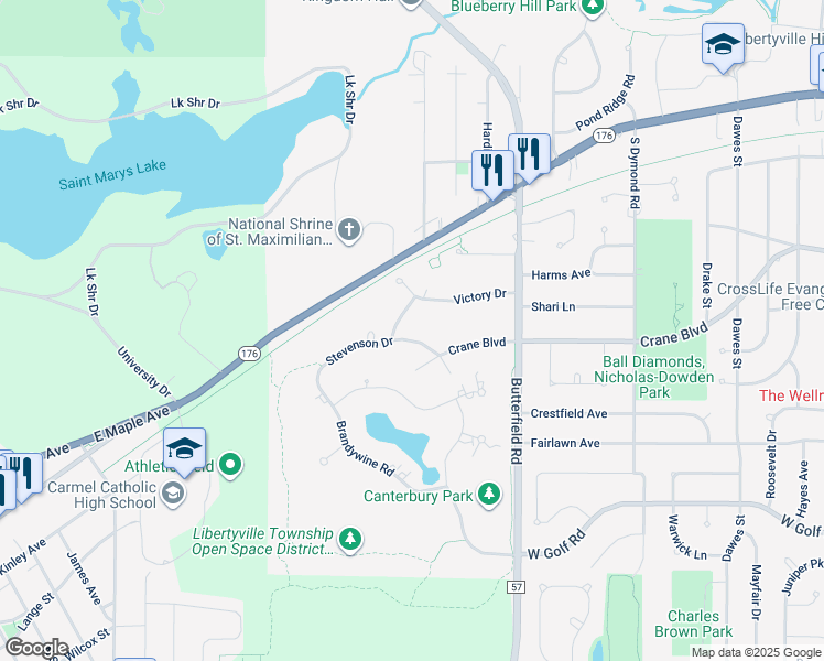 map of restaurants, bars, coffee shops, grocery stores, and more near 522 Stevenson Drive in Libertyville