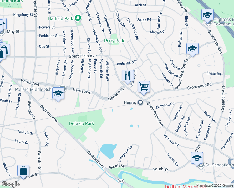 map of restaurants, bars, coffee shops, grocery stores, and more near 40 Harris Avenue in Needham