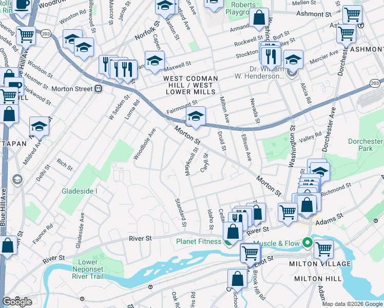 map of restaurants, bars, coffee shops, grocery stores, and more near 19 Verndale Street in Boston