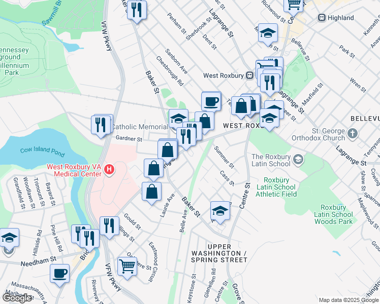 map of restaurants, bars, coffee shops, grocery stores, and more near 116 Spring Street in Boston