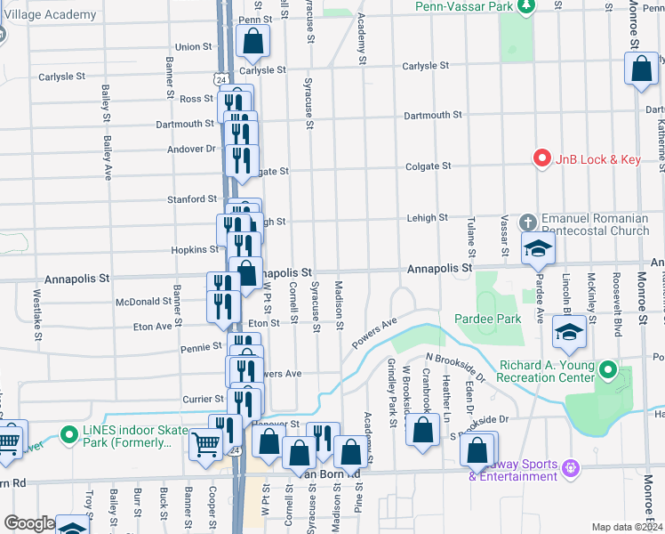 map of restaurants, bars, coffee shops, grocery stores, and more near 4518 Madison Street in Dearborn Heights