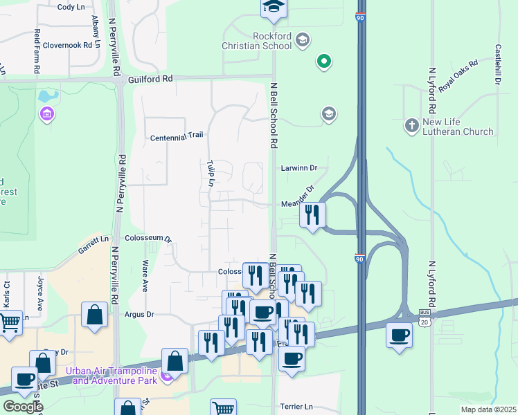 map of restaurants, bars, coffee shops, grocery stores, and more near 758 North Bell School Road in Rockford