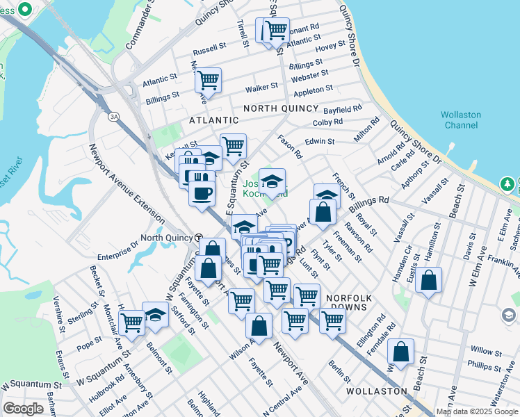 map of restaurants, bars, coffee shops, grocery stores, and more near 21 Hollis Avenue in Quincy