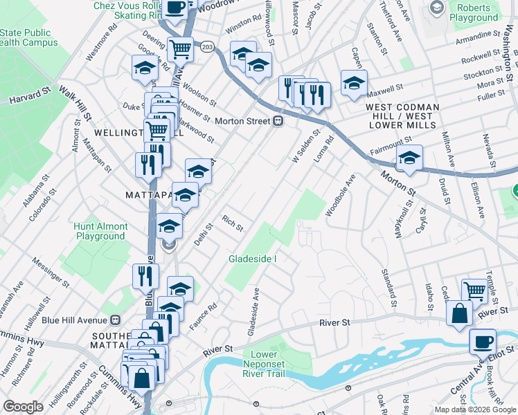 map of restaurants, bars, coffee shops, grocery stores, and more near 139 Lorna Road in Boston