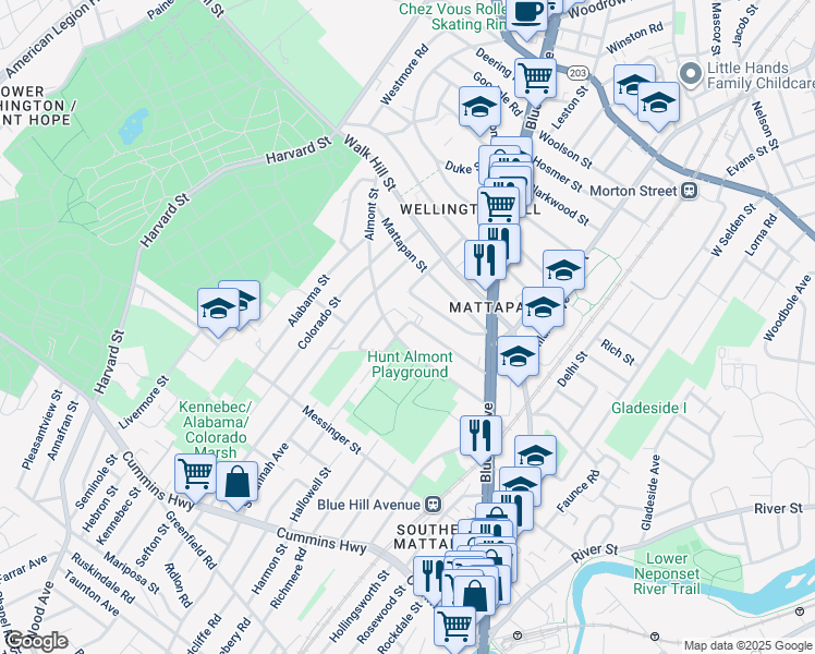 map of restaurants, bars, coffee shops, grocery stores, and more near 47 Almont Street in Boston