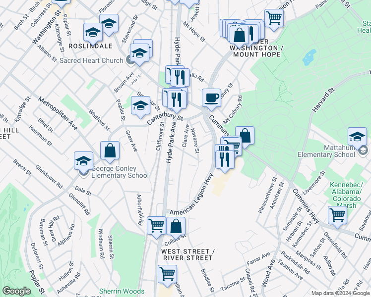 map of restaurants, bars, coffee shops, grocery stores, and more near 31 Ramsdell Avenue in Boston