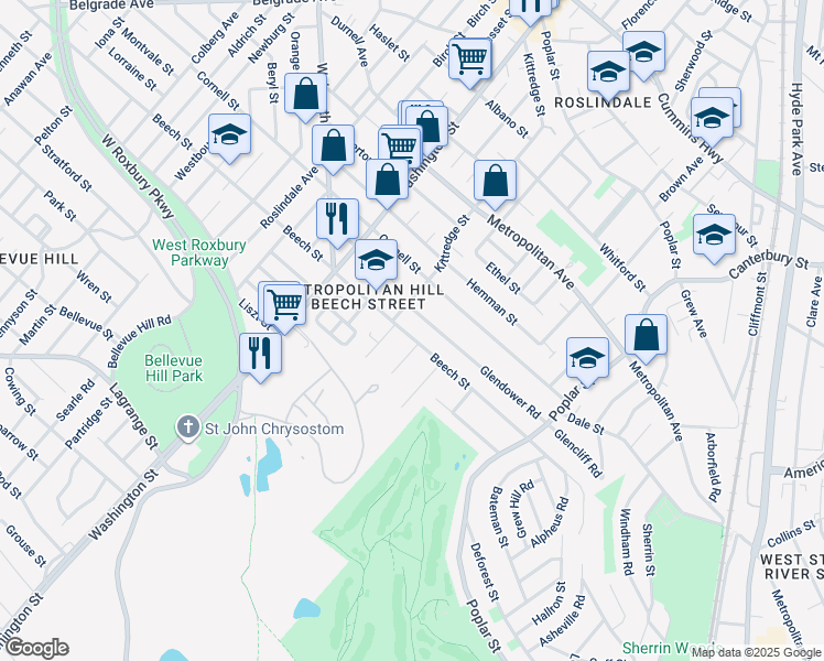 map of restaurants, bars, coffee shops, grocery stores, and more near 11 Grandview Street in Boston