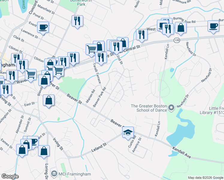 map of restaurants, bars, coffee shops, grocery stores, and more near 70a 2nd Street in Framingham