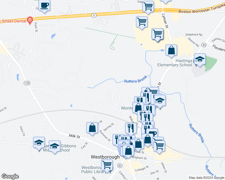 map of restaurants, bars, coffee shops, grocery stores, and more near 14 Mayberry Drive in Westborough