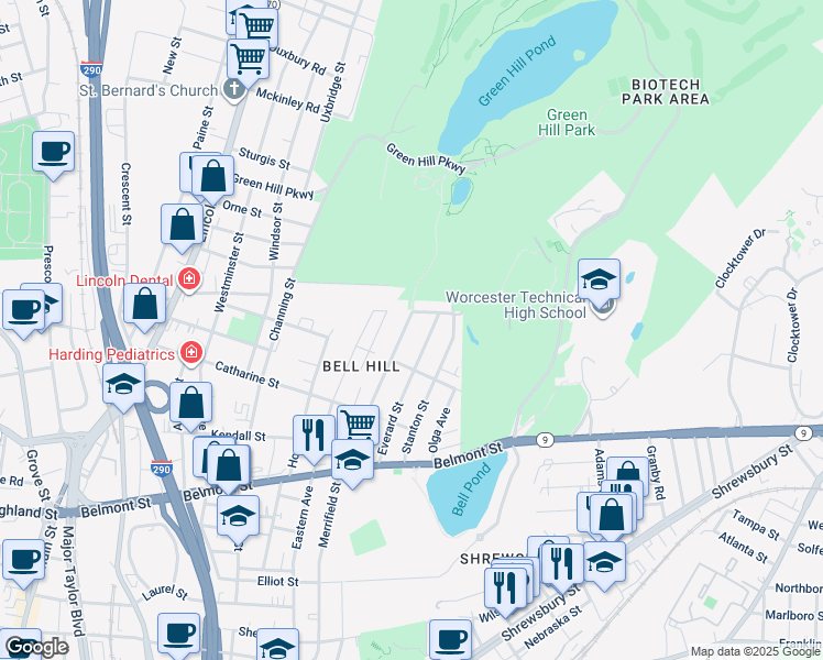 map of restaurants, bars, coffee shops, grocery stores, and more near 59 Everard Street in Worcester