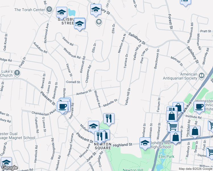map of restaurants, bars, coffee shops, grocery stores, and more near 108 Amherst Street in Worcester