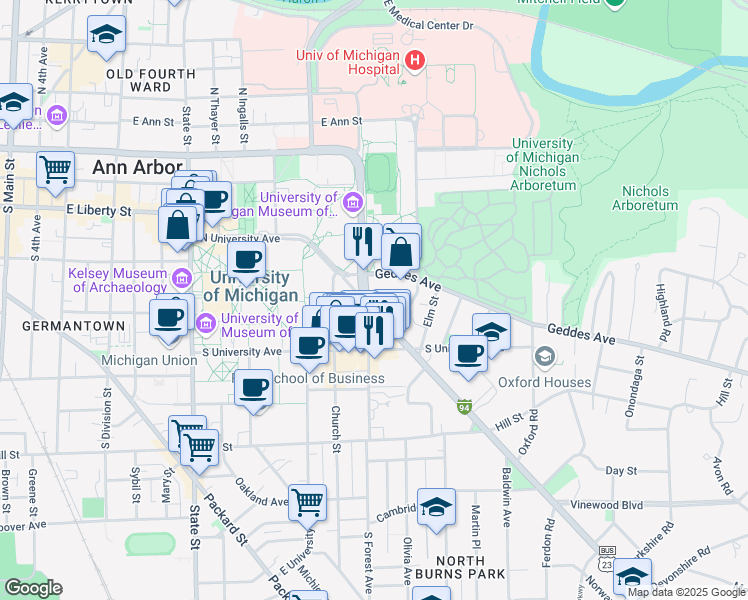 map of restaurants, bars, coffee shops, grocery stores, and more near 514 South Forest Avenue in Ann Arbor