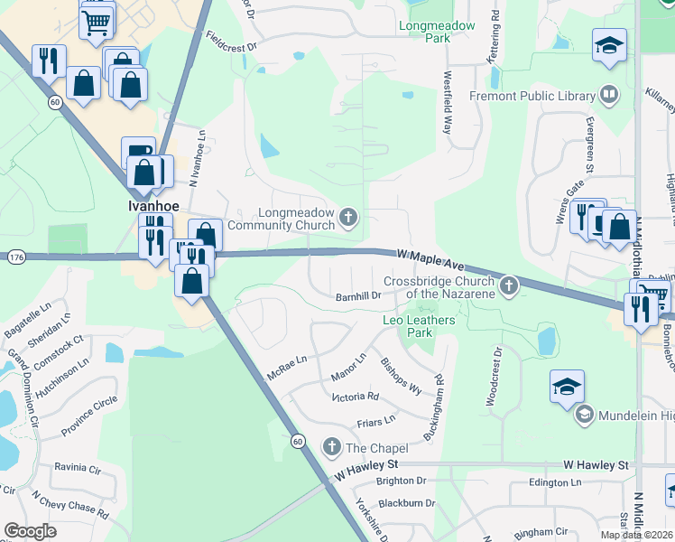 map of restaurants, bars, coffee shops, grocery stores, and more near 801 Benridge Court in Mundelein