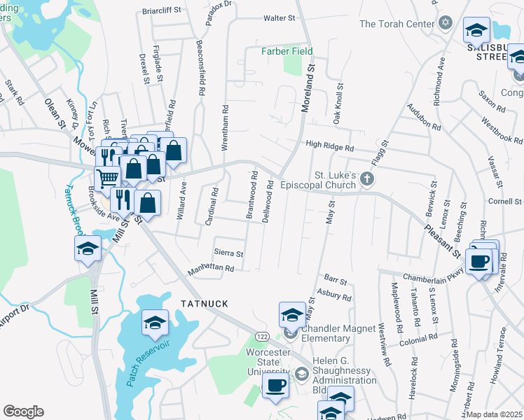 map of restaurants, bars, coffee shops, grocery stores, and more near 20 Dellwood Road in Worcester