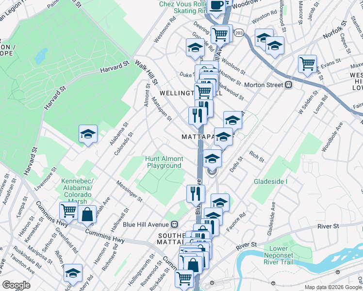 map of restaurants, bars, coffee shops, grocery stores, and more near 36 Tennis Road in Boston