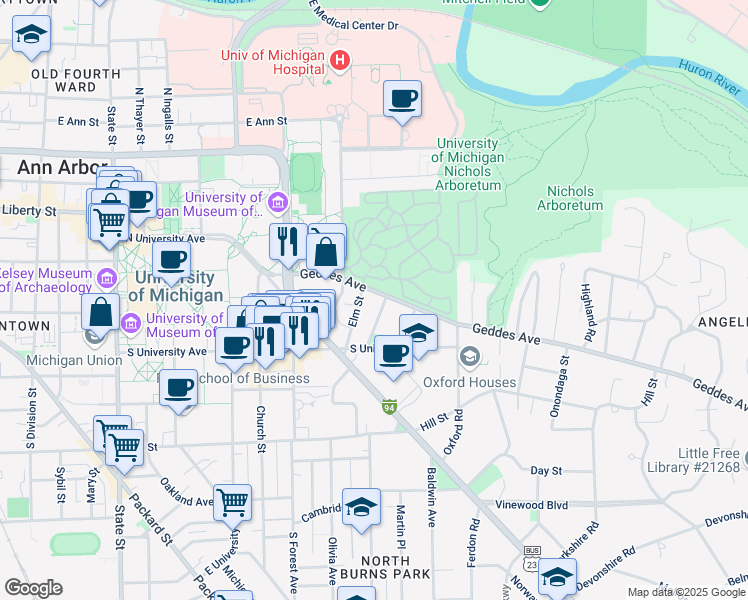 map of restaurants, bars, coffee shops, grocery stores, and more near 1412 Geddes Avenue in Ann Arbor