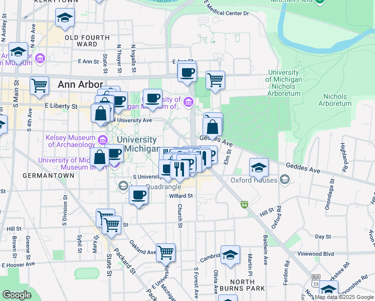 map of restaurants, bars, coffee shops, grocery stores, and more near 516-544 Church Street in Ann Arbor