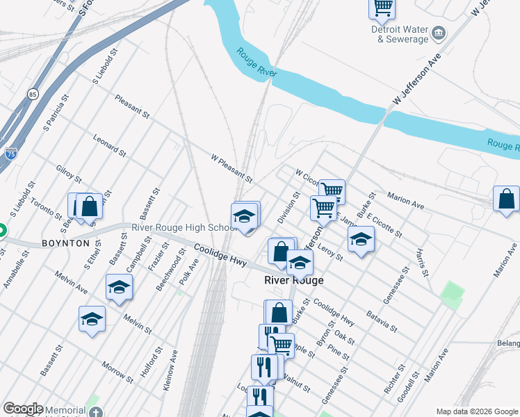 map of restaurants, bars, coffee shops, grocery stores, and more near 171 Charles Street in River Rouge