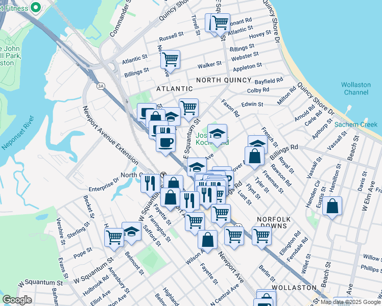 map of restaurants, bars, coffee shops, grocery stores, and more near 11 Hodges Avenue in Quincy