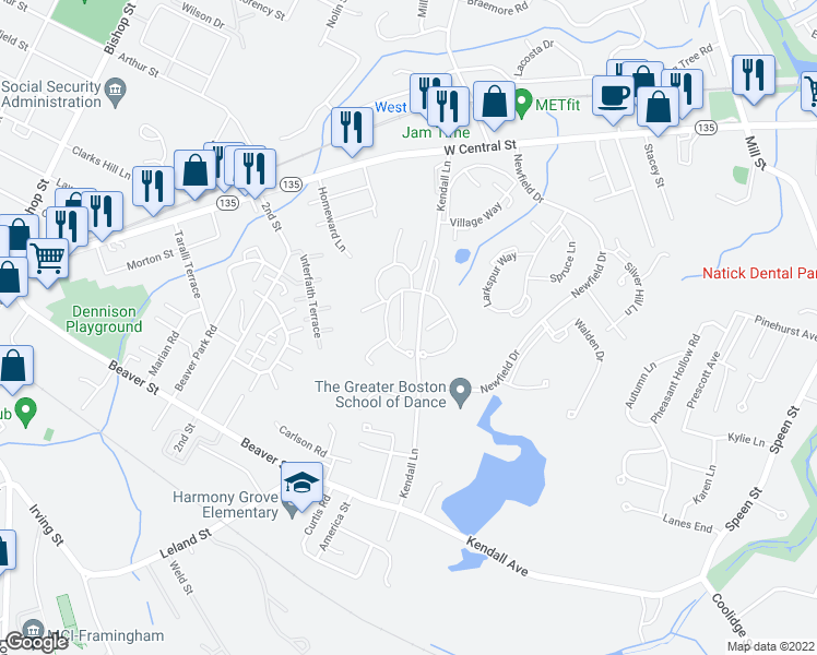 map of restaurants, bars, coffee shops, grocery stores, and more near 38 Village Hill Lane in Natick