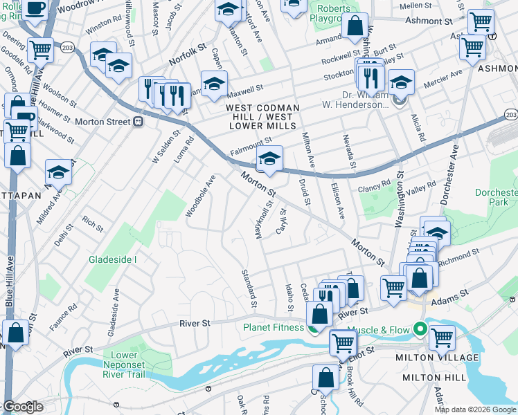 map of restaurants, bars, coffee shops, grocery stores, and more near 77 Verndale Street in Boston